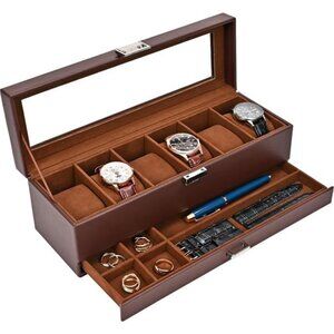 Watch Box for Men, 6 Slot Watch Display Case with Drawer